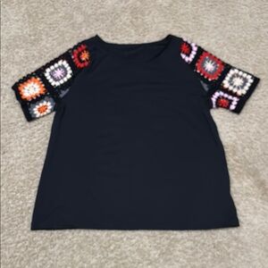 EUC women’s Black Top w/ Colorful Crochet Sleeves. Body is a silky stretch. Lg.